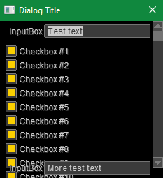 The same window with 100 additional checkboxes, that are scrolled around. The inputboxes are scrolled with them.