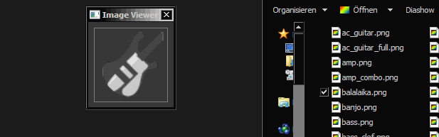 Gif of the gui-window with an image of a bass guitar. When dropping files onto it, a dialog appears that shows the dropped filename.