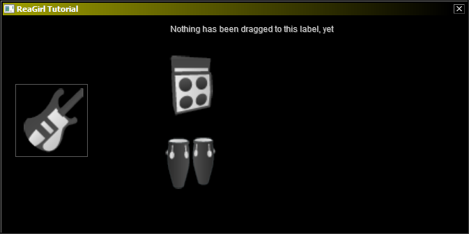 A gui-window with one image of a bass guitar on the left and in the center a label that says "Nothing has been dragged to this label yet", underneath it an image of an ampflifier and underneath it an image of congas.